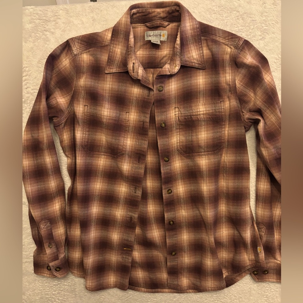 Carhartt Women’s Button Up Shirt Pink Purple Plaid Size S Workwear Western Vibe